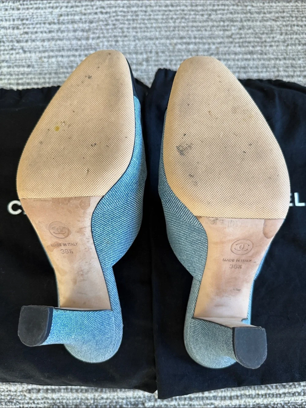 CHANEL Denim Blue and Black Cap-Toe Slip-On Mules